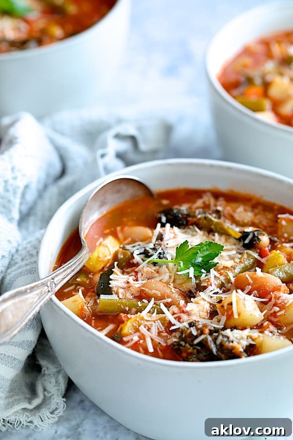 Close-up photo of one serving of Italian Vegetable Stew in white bowl garnished with Parmesan cheese and parsley.