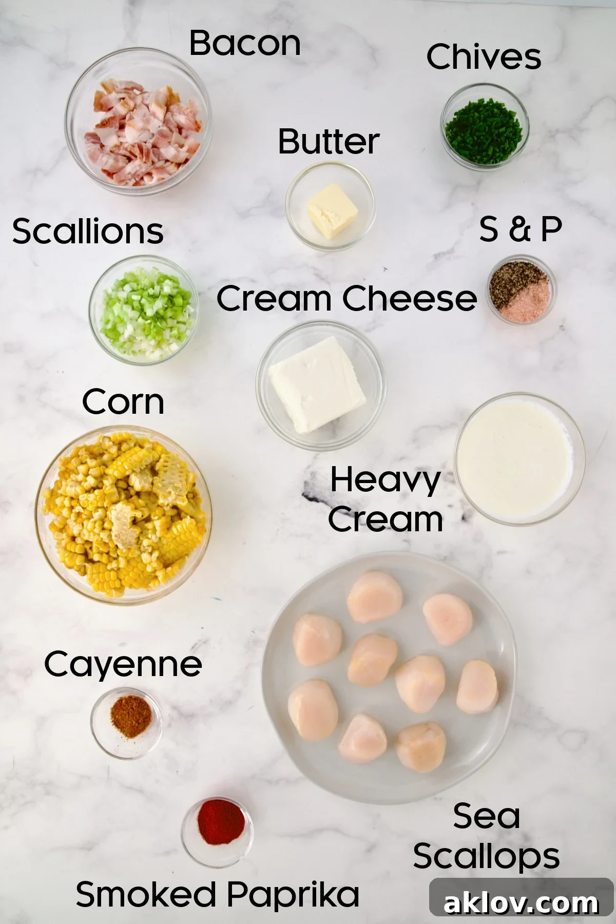 Ingredients for Seared Sea Scallops with Smoky Sweet Corn Puree in glass bowls.
