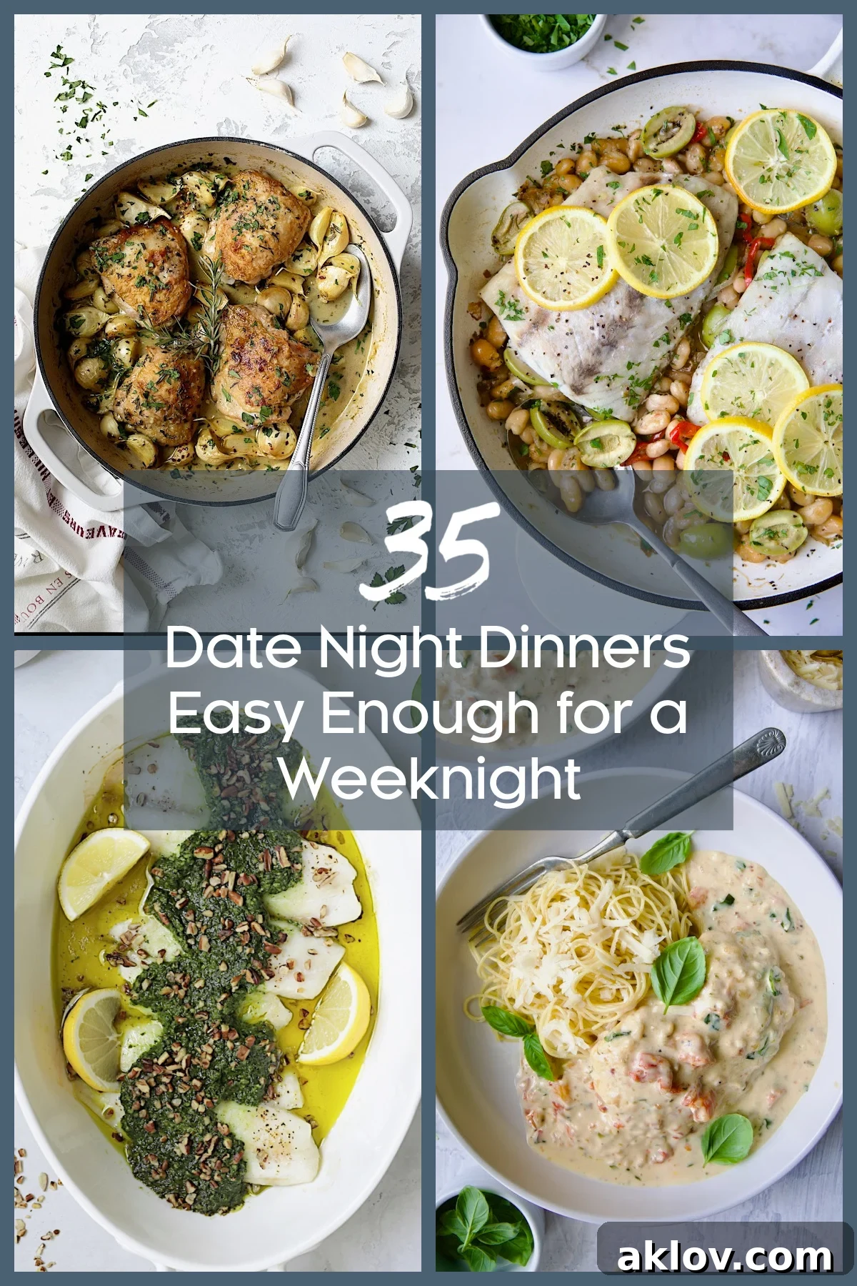 Collage of two chicken recipes and two fish recipes, representing diverse romantic dinner options.