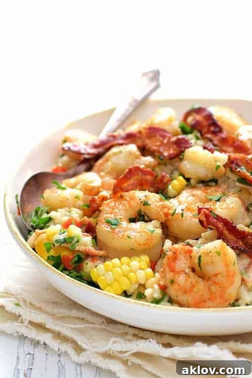 Shrimp and Corn Risotto with Bacon in white bowl with serving spoon.