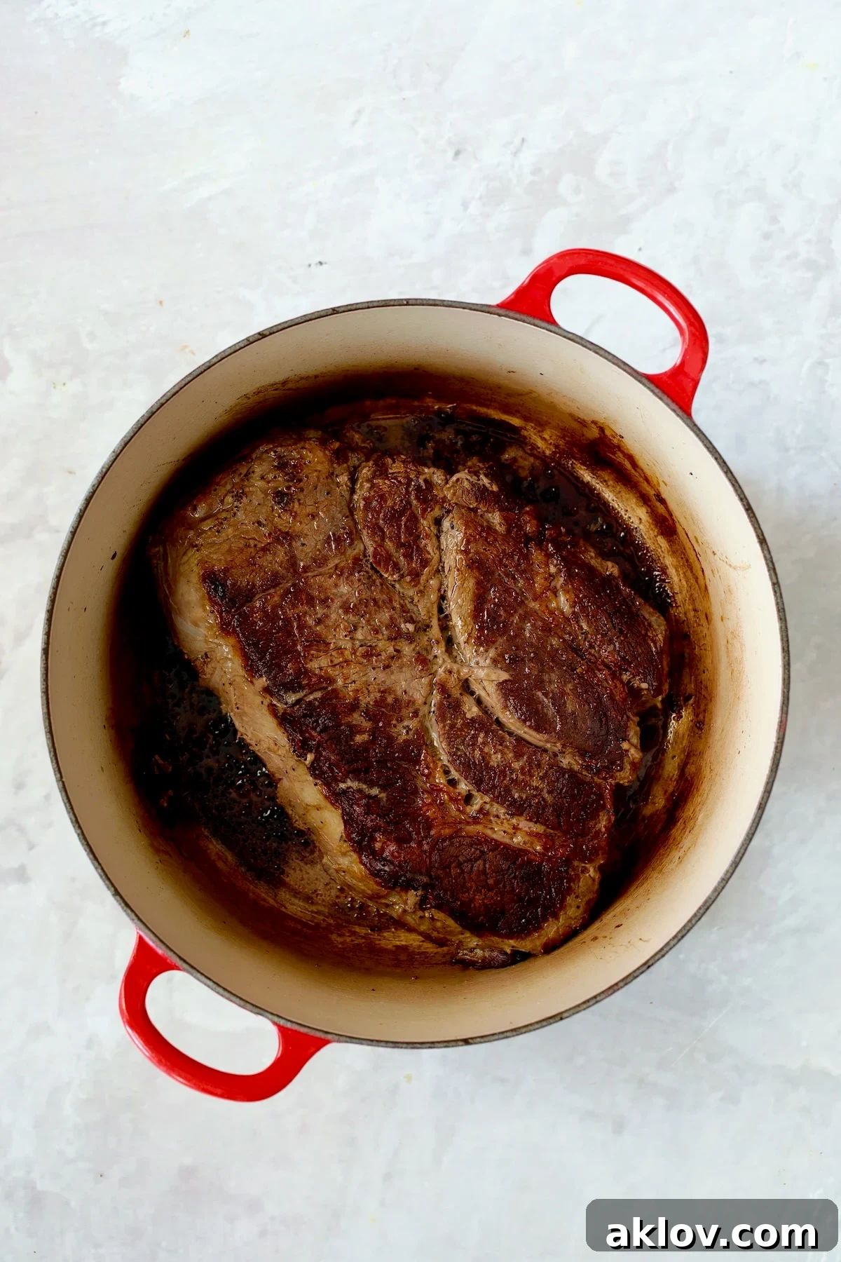 Browned chuck roast in red enamel cast iron Dutch oven.
