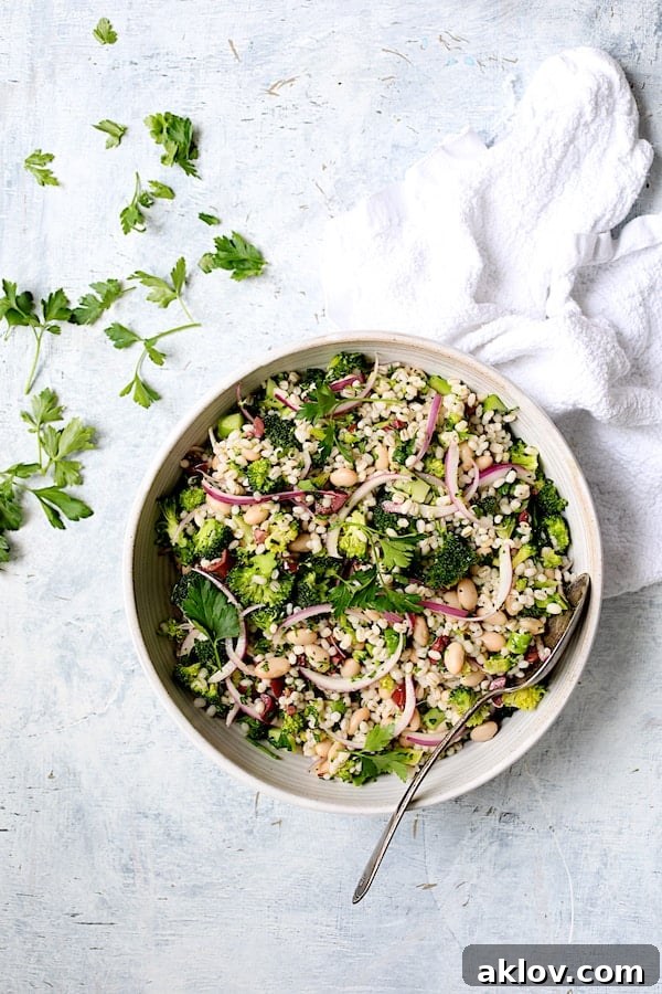 Prepared Lemony Broccoli, Barley, and White Bean Salad in a serving bowl, with parsley scattered, set against a pale blue background.