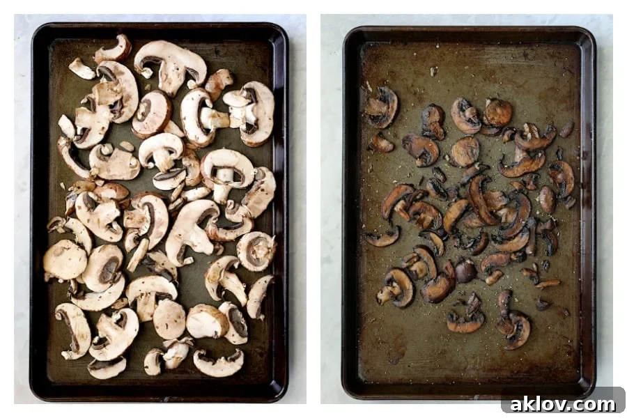 A visual comparison showing fresh mushrooms ready for roasting and then beautifully golden-brown roasted mushrooms.