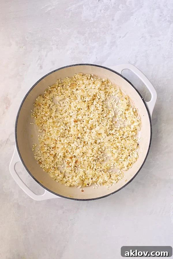 Uncooked Arborio rice mixed with sautéed onions and garlic in a white cast iron pan, ready for liquid.