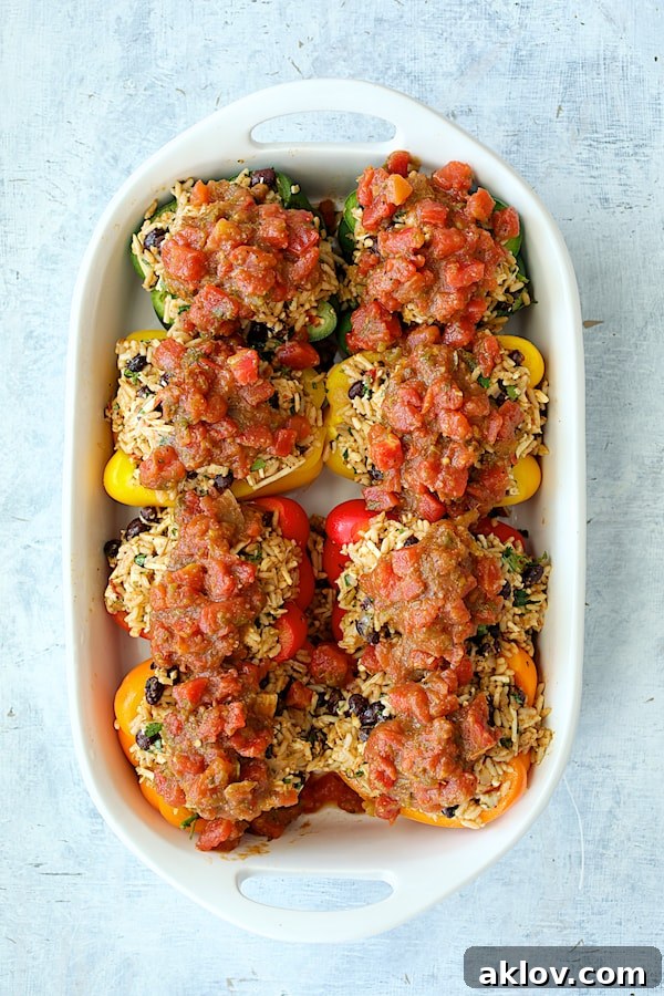 Zesty Chicken and Rice Pepper Boats 7 Photo of assembled peppers in white baking dish with salsa added.
