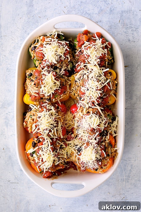 Zesty Chicken and Rice Pepper Boats 8 Photo of assembled peppers in white baking dish with salsa and cheese added.
