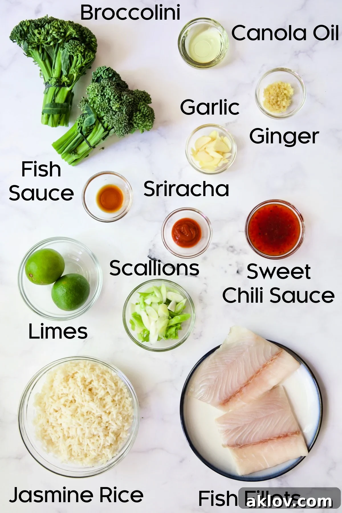 Ingredients for Sheet Pan Thai Baked Fish with Broccolini in glass bowls.