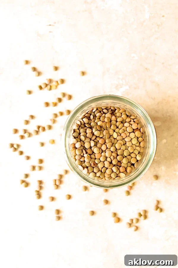 Overhead shot of dry lentils in a glass jar, emphasizing the raw ingredient.