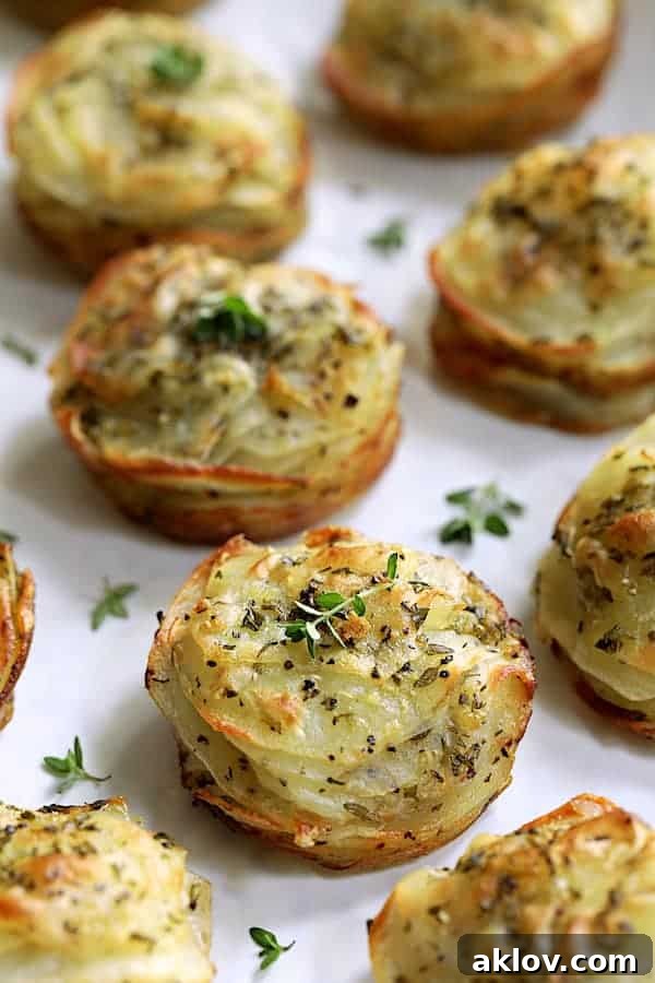 Golden Garlic Herb Potato Galettes in a Muffin Tin 2 Golden brown Garlic Herb Muffin Pan Potato Galettes garnished with fresh thyme on a white background, showcasing their crisp edges and layered texture.