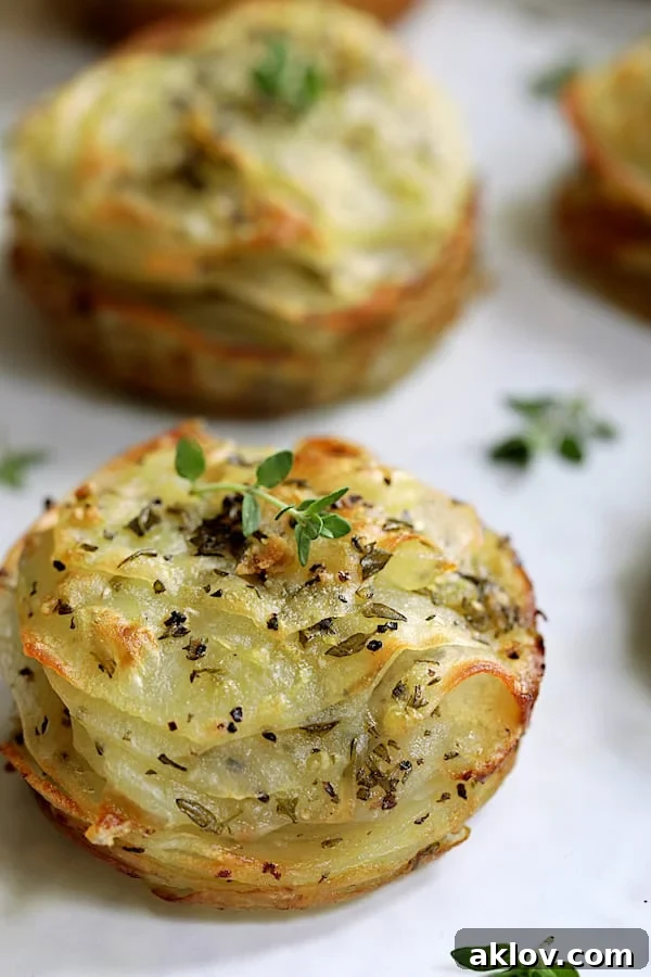 Golden Garlic Herb Potato Galettes in a Muffin Tin 11 A close-up shot of an individual Garlic Herb Muffin Pan Potato Galette, revealing its perfectly golden, crisp layers and garnished with a tiny sprig of fresh thyme.