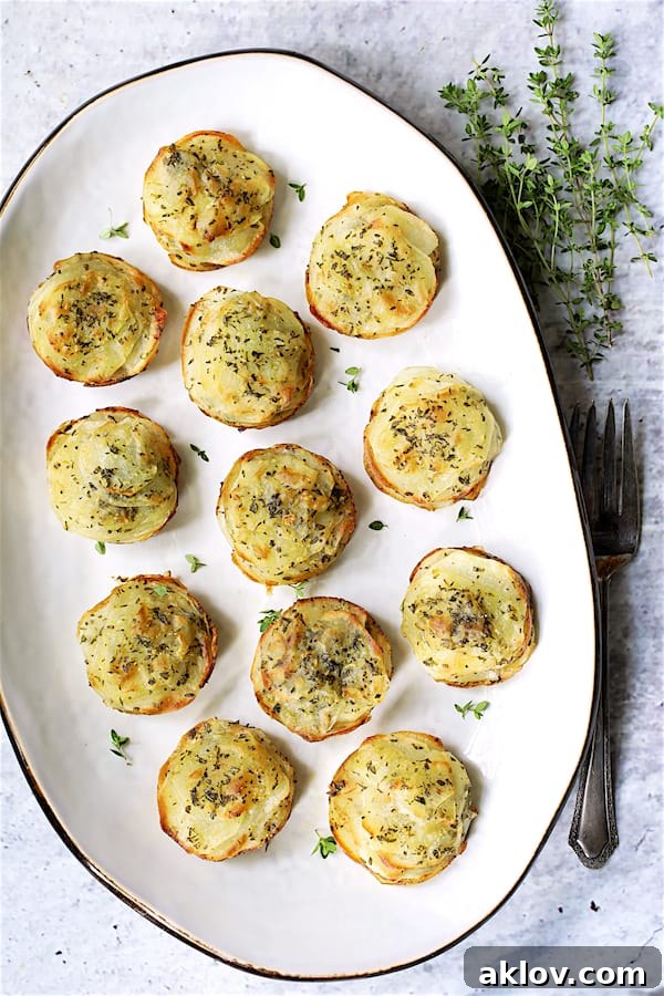 Golden Garlic Herb Potato Galettes in a Muffin Tin 9 Elegant Garlic Herb Muffin Pan Potato Galettes arranged on a white oval platter, delicately garnished with fresh thyme sprigs.