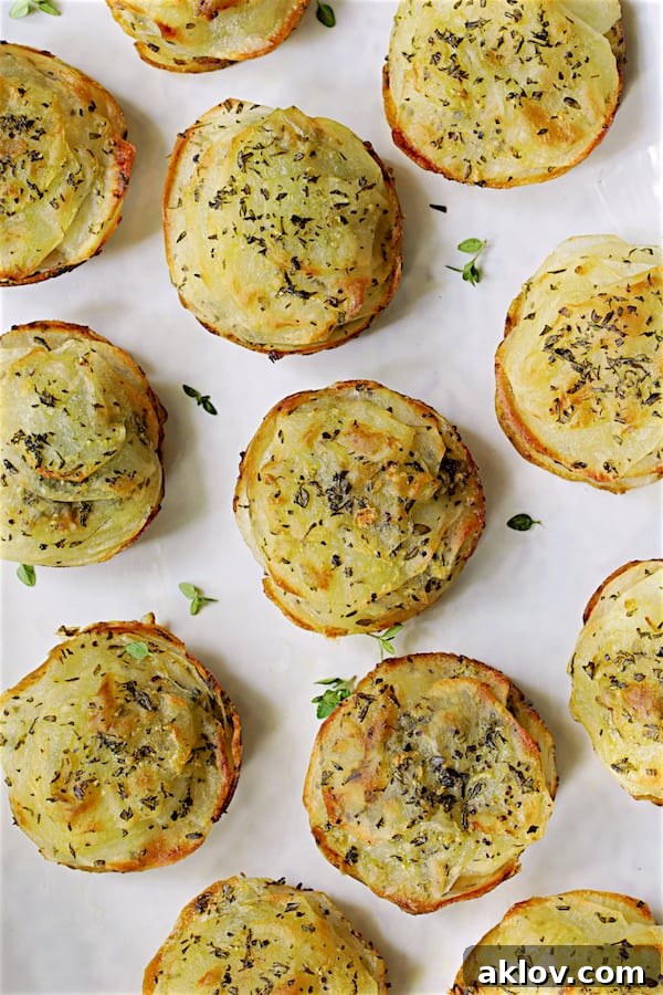Golden Garlic Herb Potato Galettes in a Muffin Tin 10 An overhead close-up view of Garlic Herb Muffin Pan Potato Galettes on a white platter, highlighting their perfect golden tops and layered texture.
