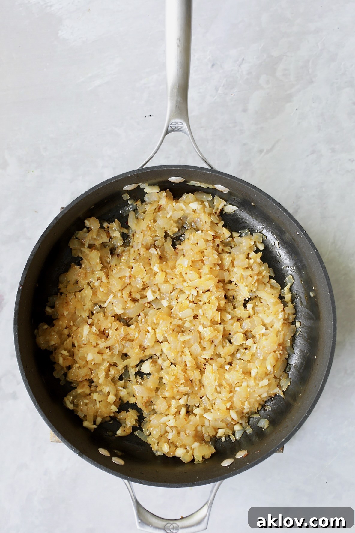 Cooked onions in nonstick skillet.
