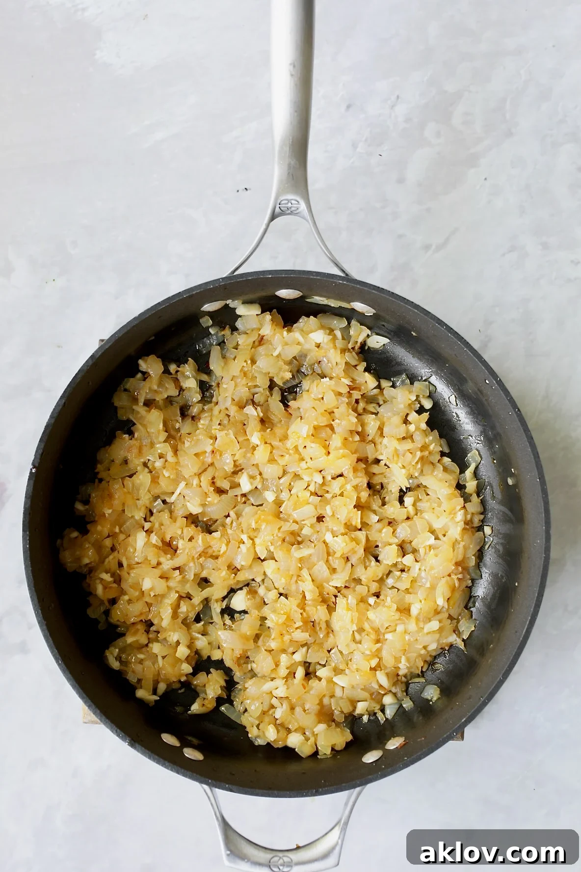 Cooked onions in nonstick skillet.