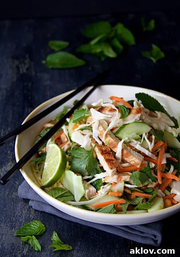 Vietnamese Chicken Salad with Spicy Lime Ginger Dressing in white bowl with black chopsticks on dark blue background.