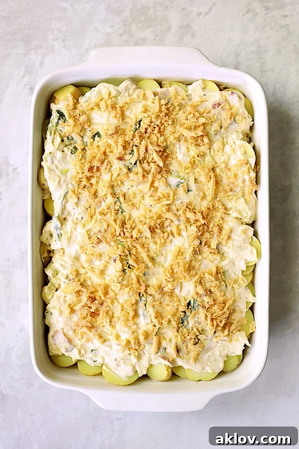 Assembled potato and cabbage casserole in a white baking dish, topped with golden French fried onions, ready for baking.