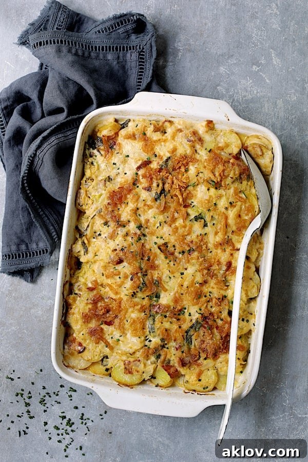 A perfectly baked Potato Cabbage Casserole with Cheddar and Bacon, garnished with fresh chives, resting on a blue background with a matching blue towel.