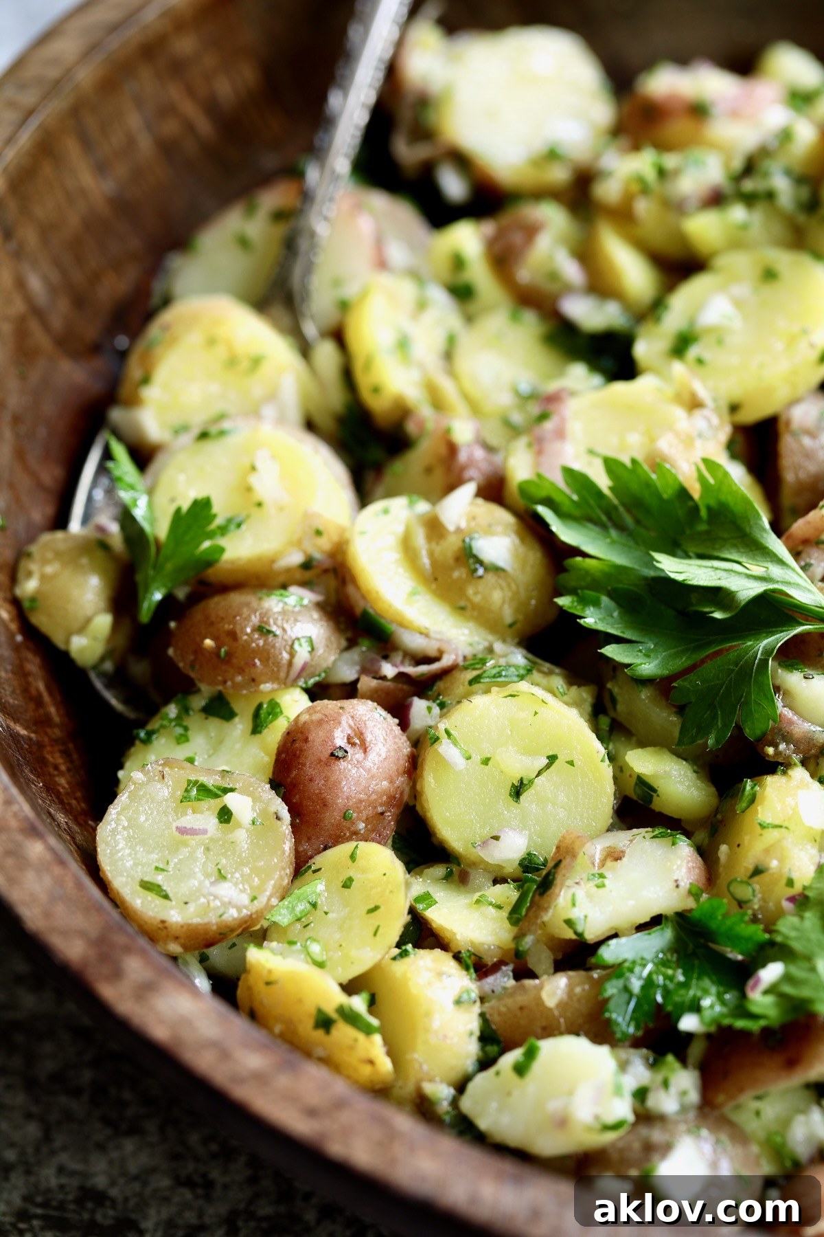 A serving of French Potato Salad in a rustic wooden bowl, garnished with fresh parsley and ready to be enjoyed.