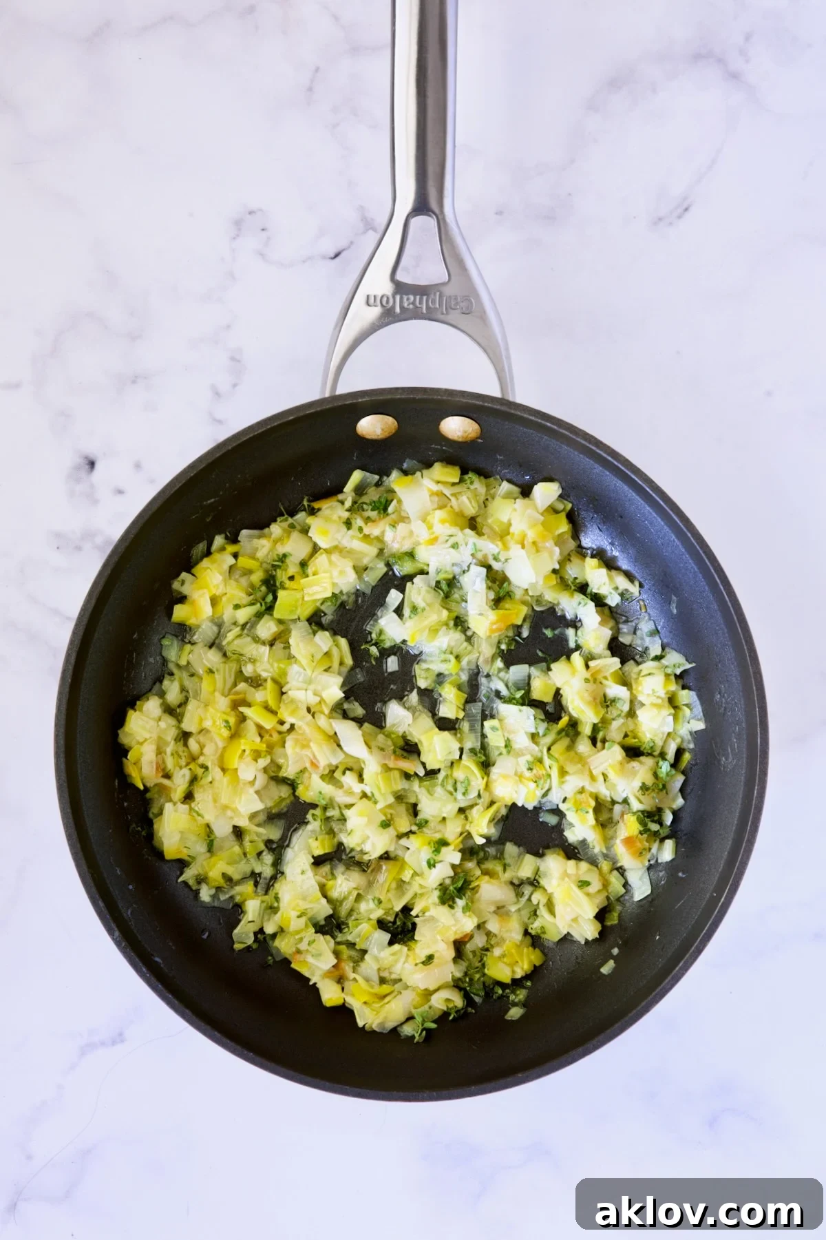 Cooked leeks in nonstick skillet.