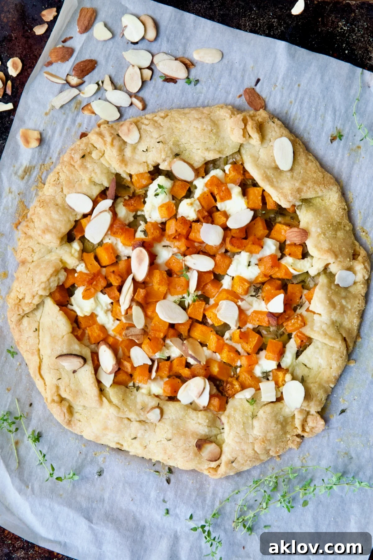 Baked Butternut Squash Leek and Goat Cheese Galette before being sliced.