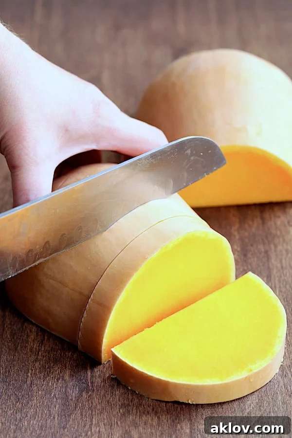 Photo showing how to cut the bottom portion of a butternut squash