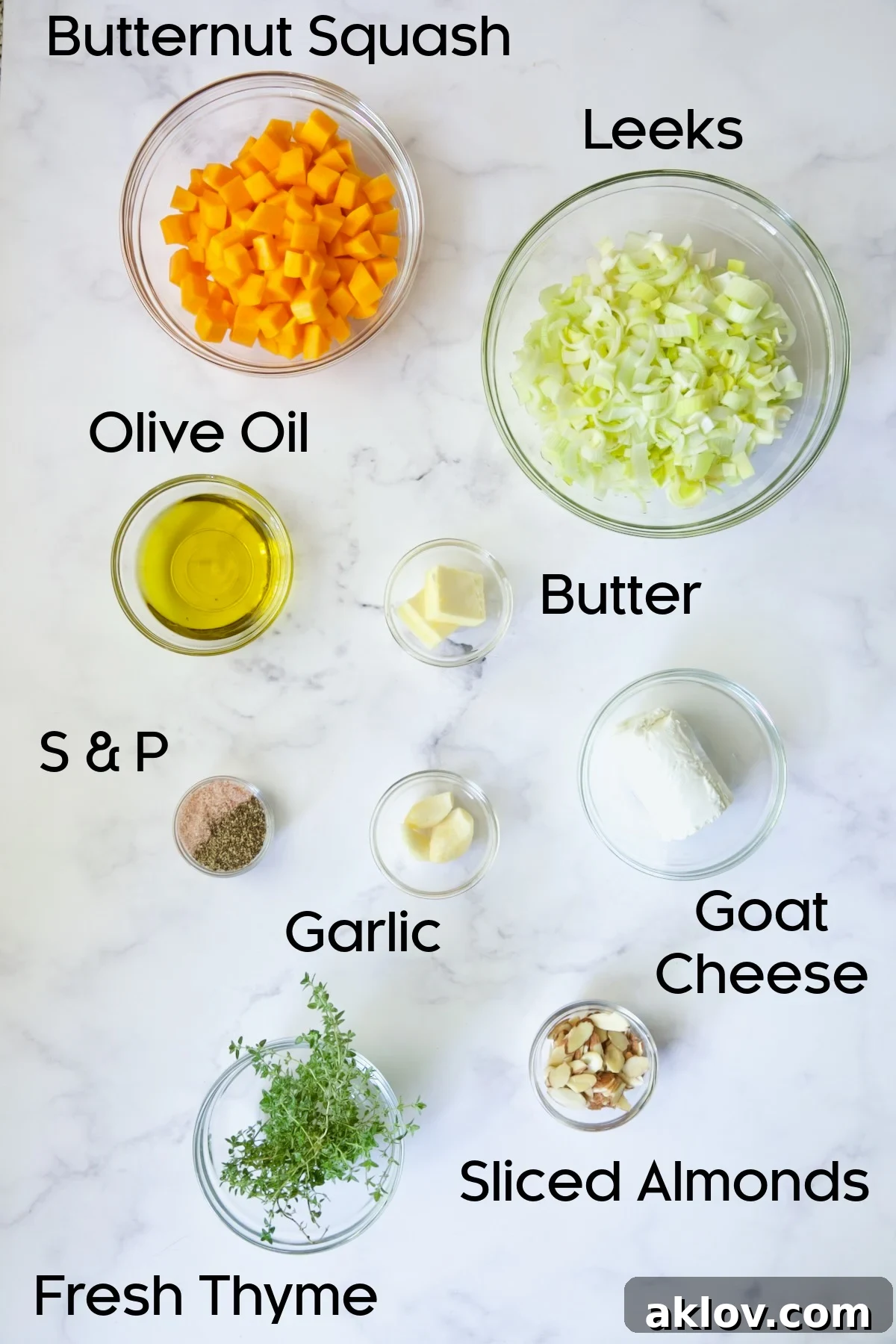 Ingredients for Butternut Squash Leek and Goat Cheese Galette in glass bowls.
