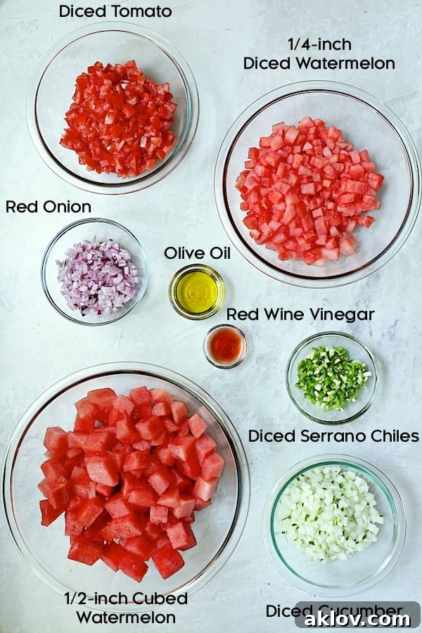 Various fresh ingredients for watermelon gazpacho, including watermelon cubes, tomatoes, onions, cucumbers, and serrano peppers, neatly arranged in glass bowls on a white background.