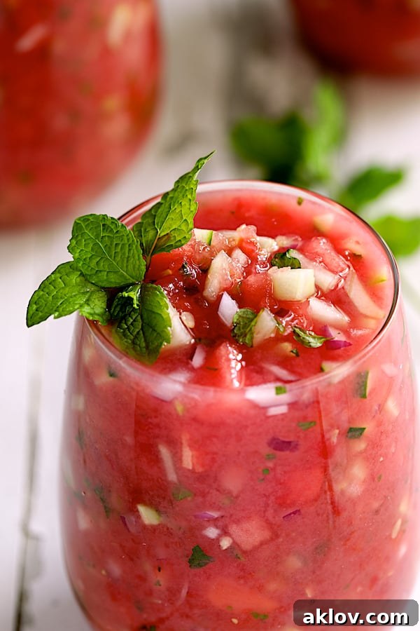 Close-up shot of refreshing Watermelon Gazpacho with Serrano Chiles and Mint in a glass, garnished with a sprig of fresh mint.