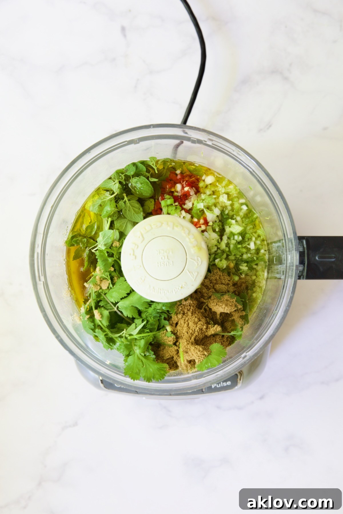 All marinade ingredients placed in a food processor, pre-pureeing.