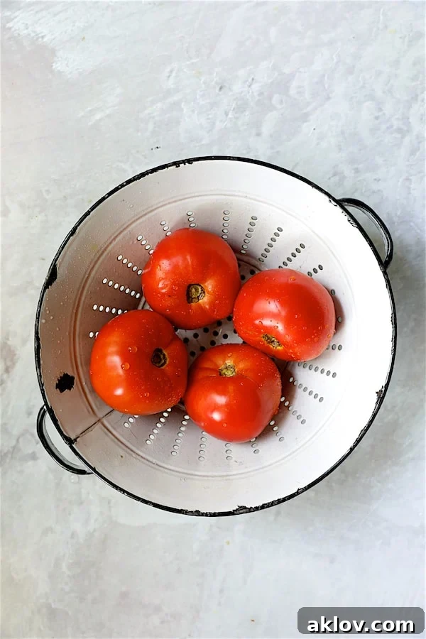Four vibrant, vine-ripened tomatoes nestled in a rustic white colander, ready for preparation.