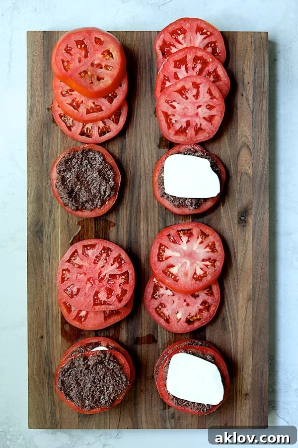 The layering process for the stacked tomato salad, showing tomato slices, tapenade, and fresh mozzarella being assembled on a cutting board.