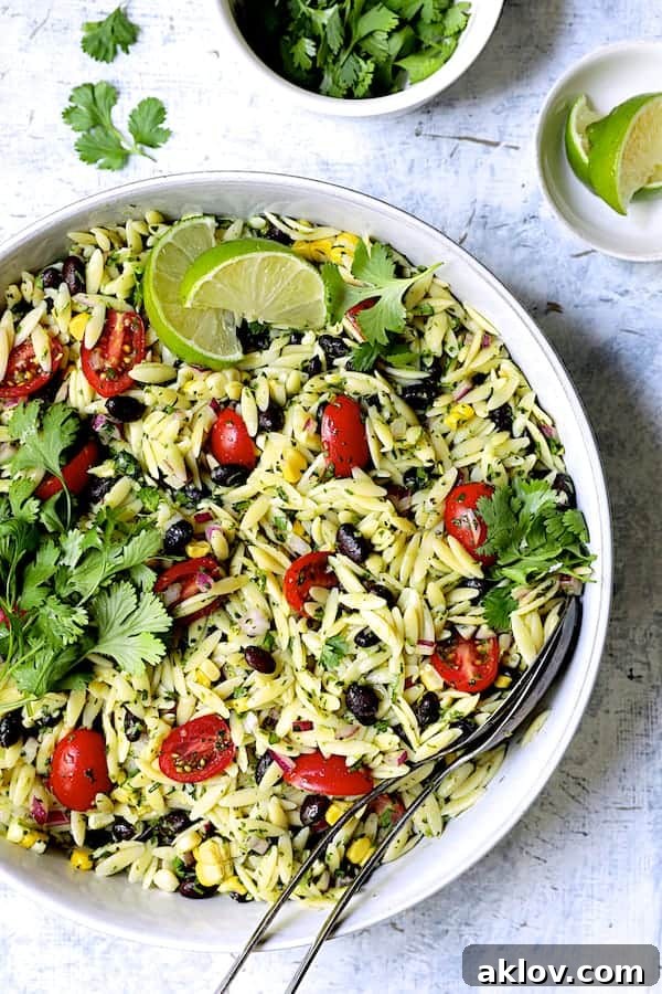 Vibrant Southwestern Orzo Pasta Salad with Cilantro Lime Dressing in a white serving bowl, elegantly garnished with fresh lime wedges and cilantro sprigs.