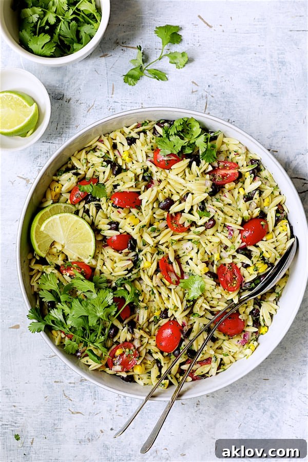 An inviting overhead shot of the Southwestern Orzo Pasta Salad with Cilantro Lime Dressing, beautifully arranged in a white serving bowl and garnished with fresh lime wedges and cilantro.