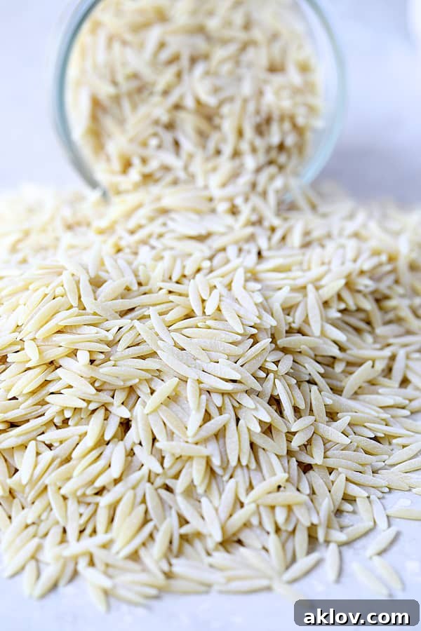 A close-up photograph showcasing dry orzo pasta gracefully spilling out of a clear glass jar, highlighting its distinctive rice-like shape.