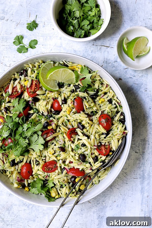 The finished Southwestern Orzo Pasta Salad with Cilantro Lime Dressing presented in a white serving bowl, beautifully garnished with fresh cilantro and vibrant lime slices.