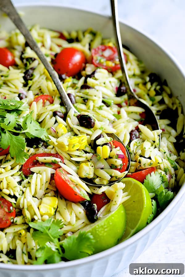 A mouth-watering close-up of the Southwestern Orzo Pasta Salad, ready to be served, showcasing its rich textures and colors in a white serving bowl with serving utensils.