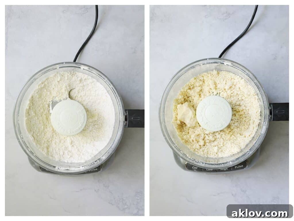 Collage of crust being prepared in food processor.