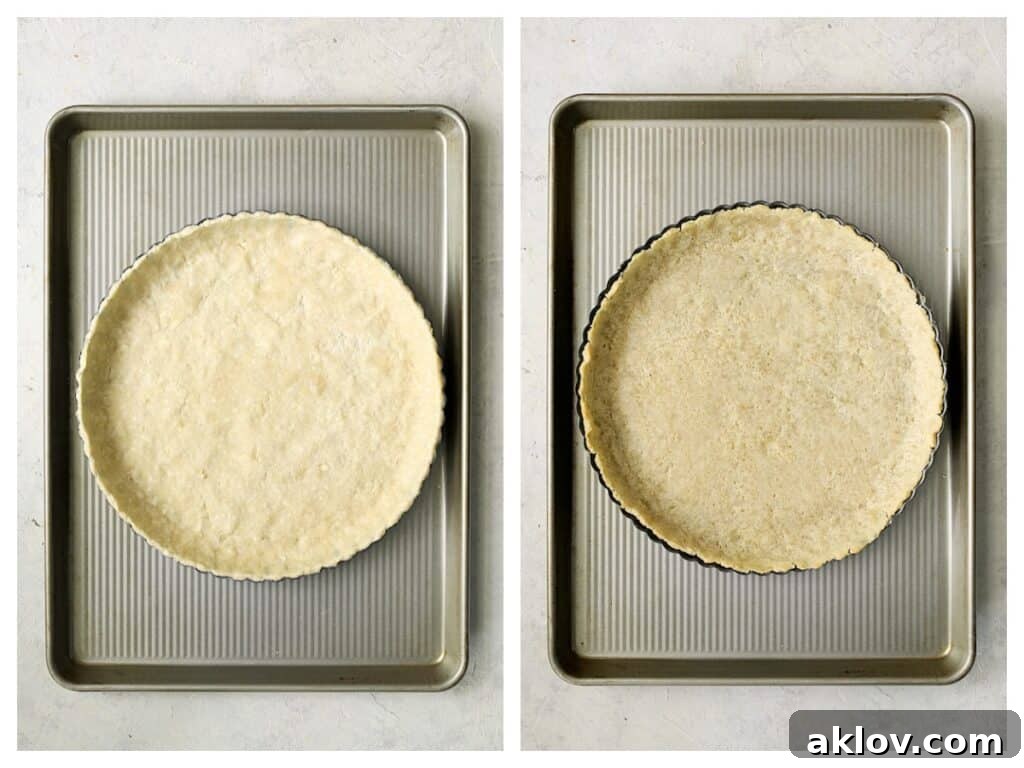 Photo of crust on baking sheet with one unbaked and the other baked.