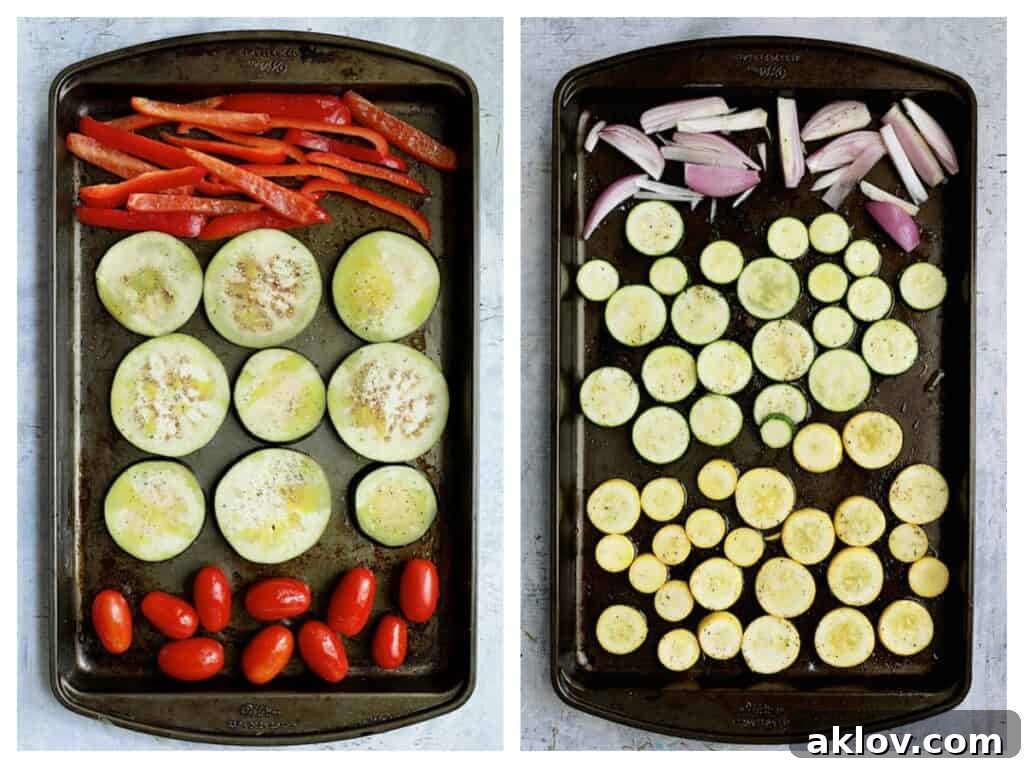 Photo of vegetables on two baking sheets side-by-side before being roasted.