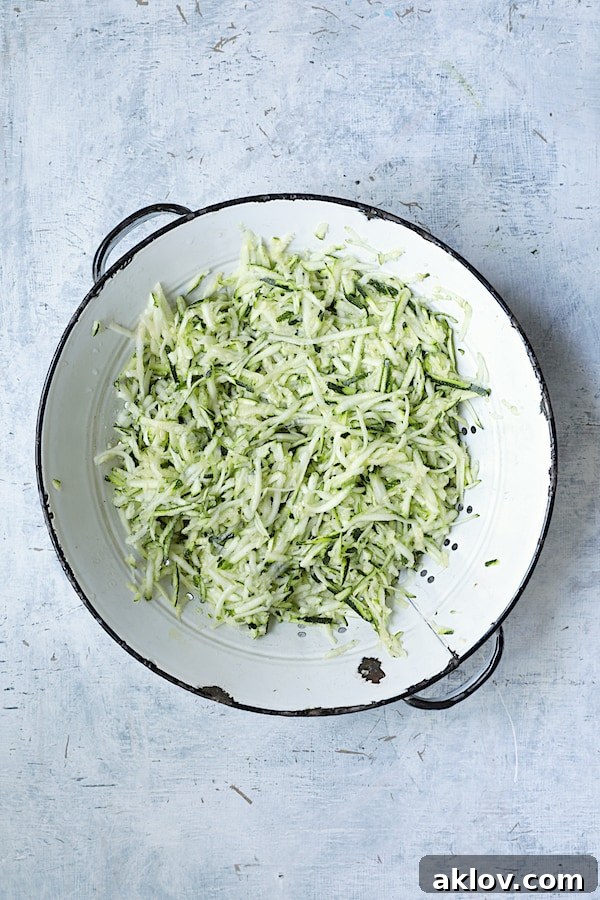 Finely shredded zucchini, mixed with scallions and salted, draining in a white distressed colander to remove excess moisture.