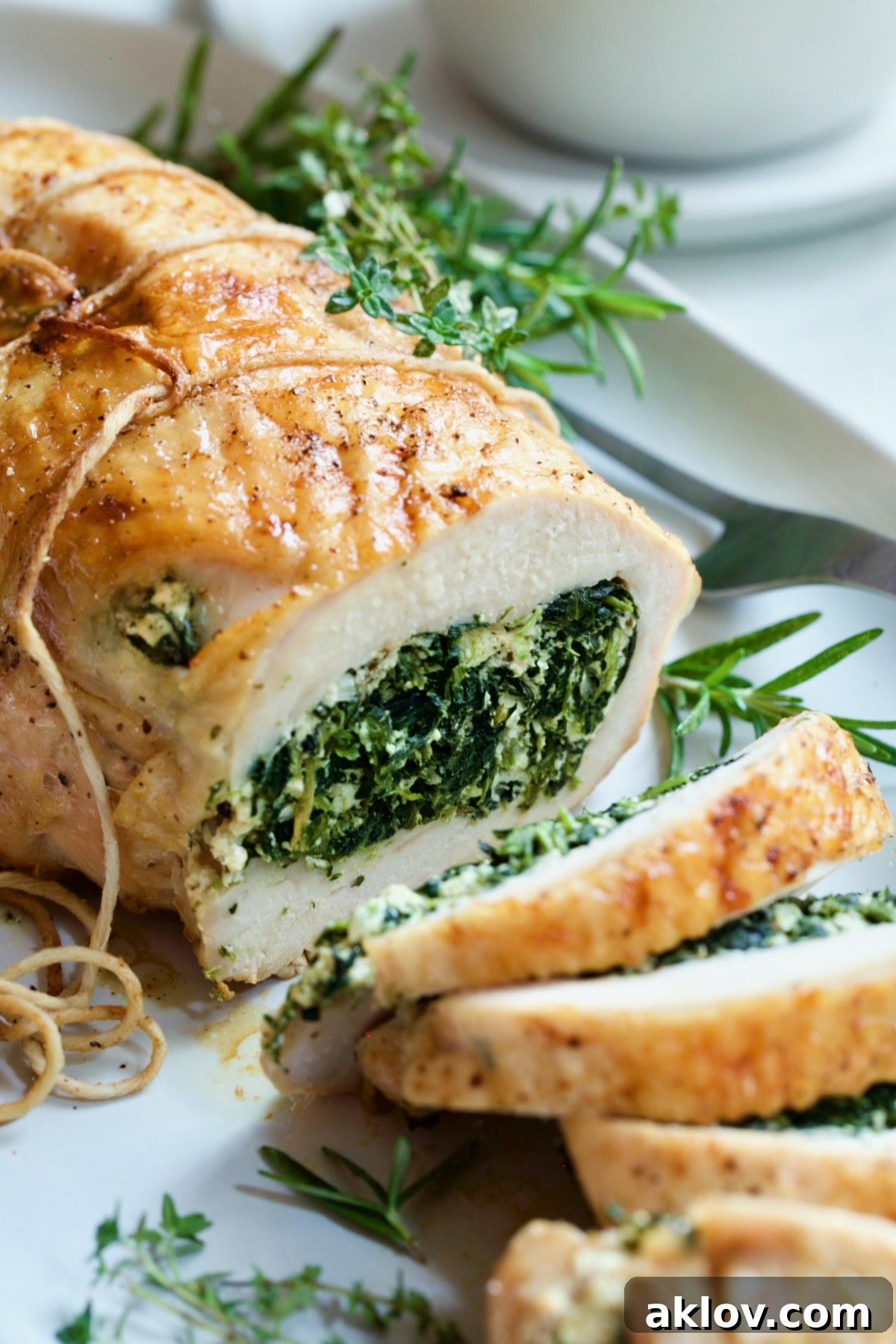 A stunning close-up of the Spinach and Ricotta Stuffed Turkey Breast with Garlic - Herb Sauce, elegantly garnished with fresh herbs on a white platter.