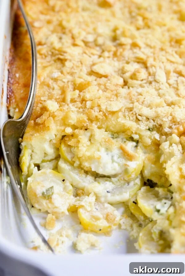 Golden Summer Squash Bake 13 Southwestern Summer Squash Casserole in white baking dish with squash exposed.
