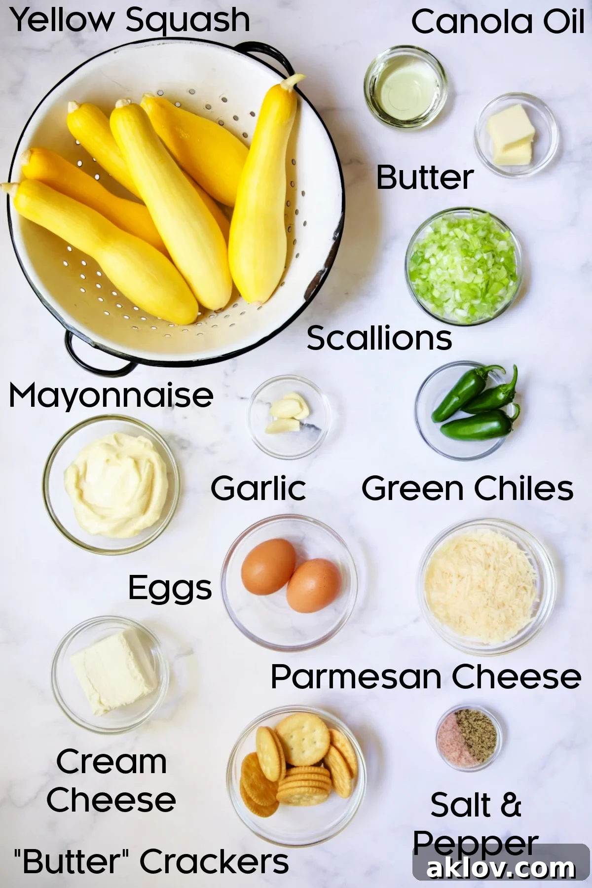 Golden Summer Squash Bake 4 Various ingredients for Southwestern Summer Squash Casserole, including squash, chiles, and cheeses, neatly arranged in glass bowls.