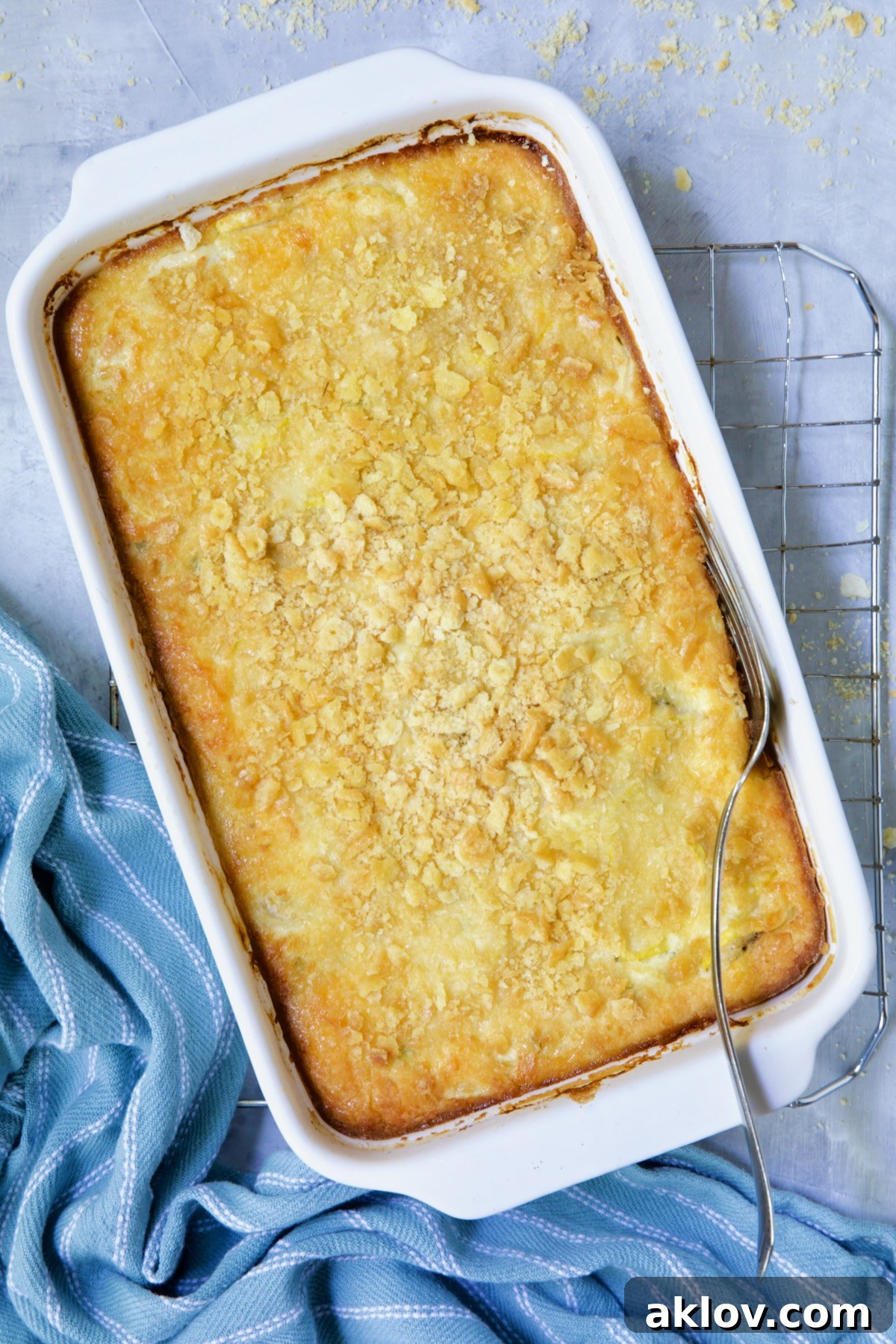 Freshly baked Southwestern Summer Squash Casserole.