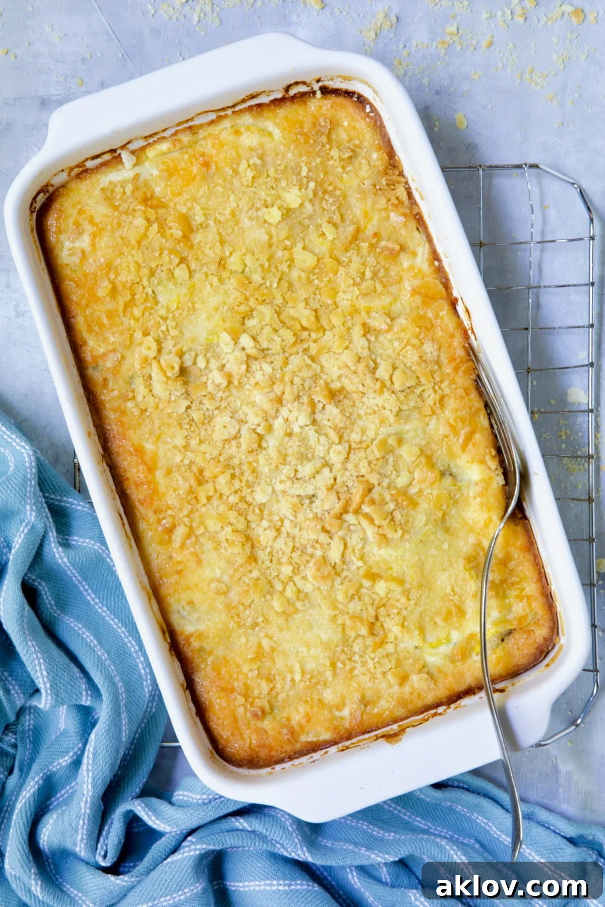 Golden Summer Squash Bake 10 A freshly baked Southwestern Summer Squash Casserole, golden brown and bubbling, straight from the oven.