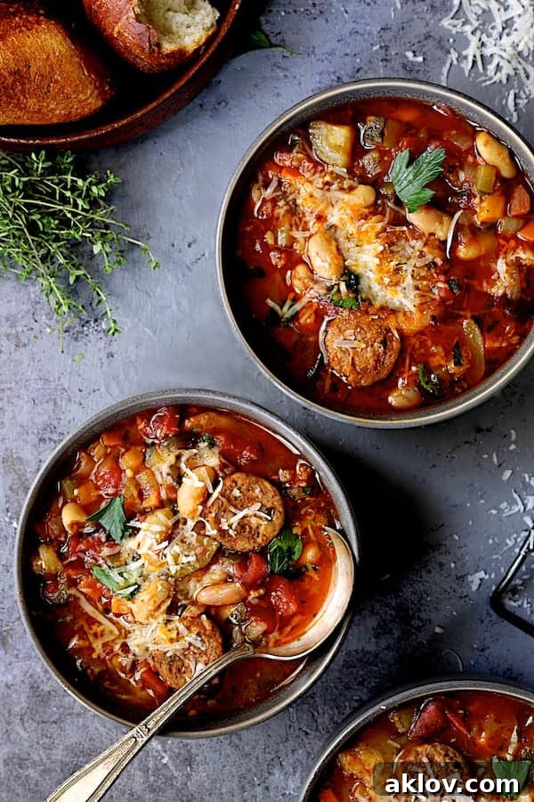 Rustic Chorizo, White Bean and Vegetable Stew 2 Two bowls of vibrant Chorizo White Bean and Vegetable Soup, garnished and ready to serve, set against a modern gray background.
