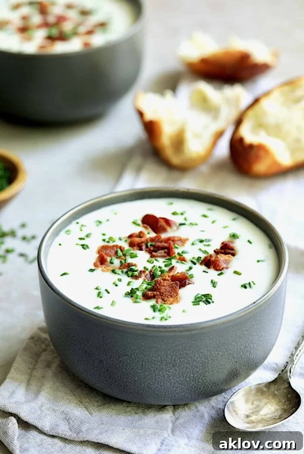 Potato and Leek Soup with White Cheddar - Straight-on shot of soup in gray bowl with broken bread in the background