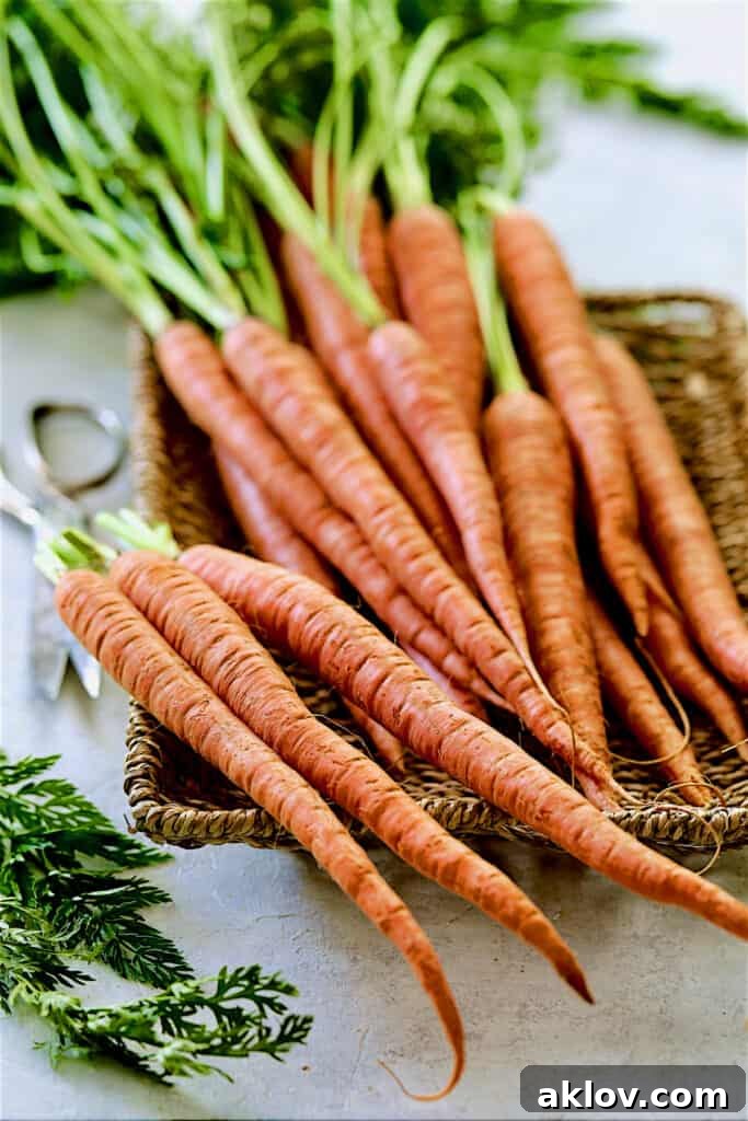 Photo of carrots in wicker basket being trimmed of their tops, emphasizing the fresh greens.