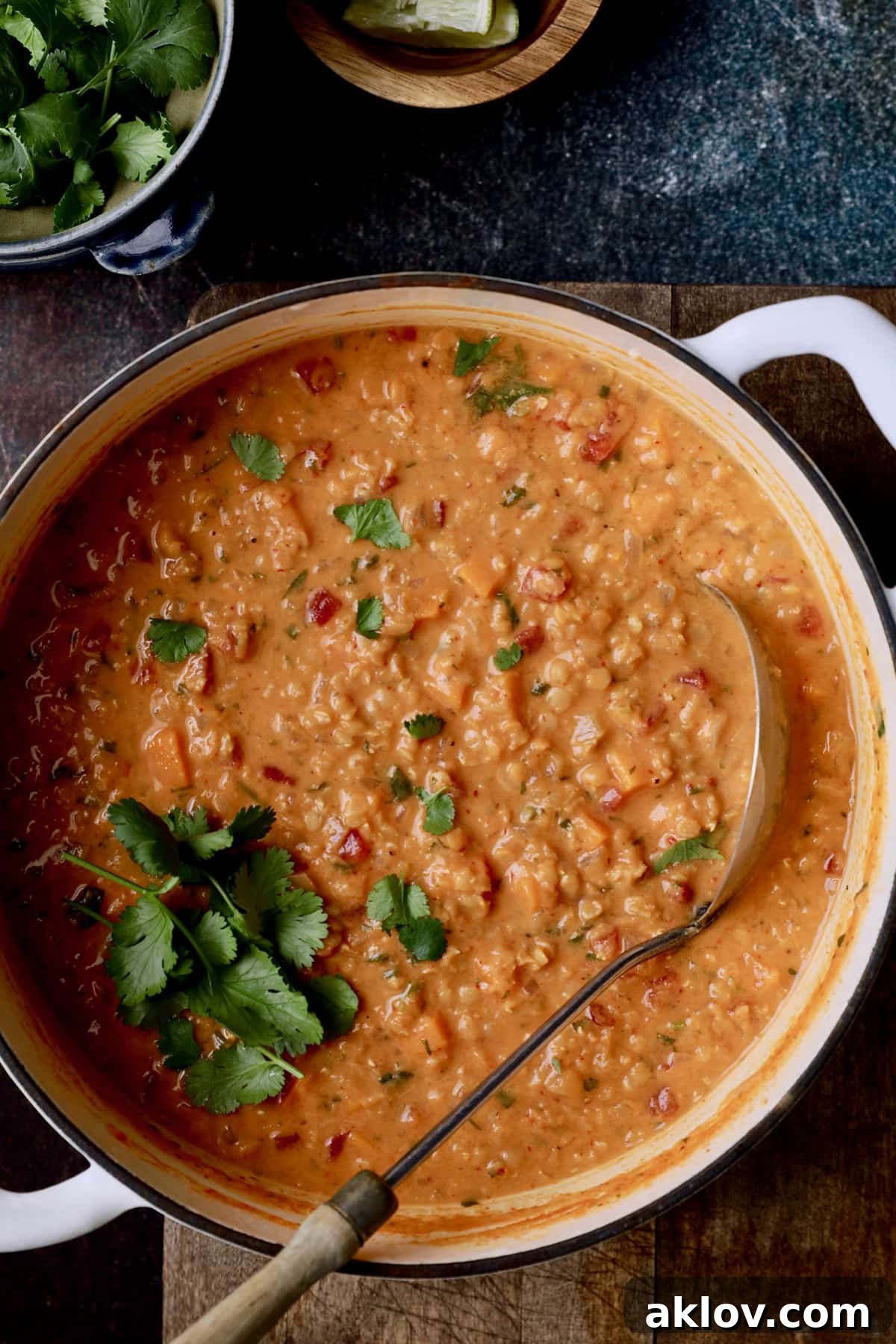 A large white Dutch oven brimming with hot Thai Red Curry Sweet Potato and Lentil Soup, with a soup ladle resting inside, ready for serving.