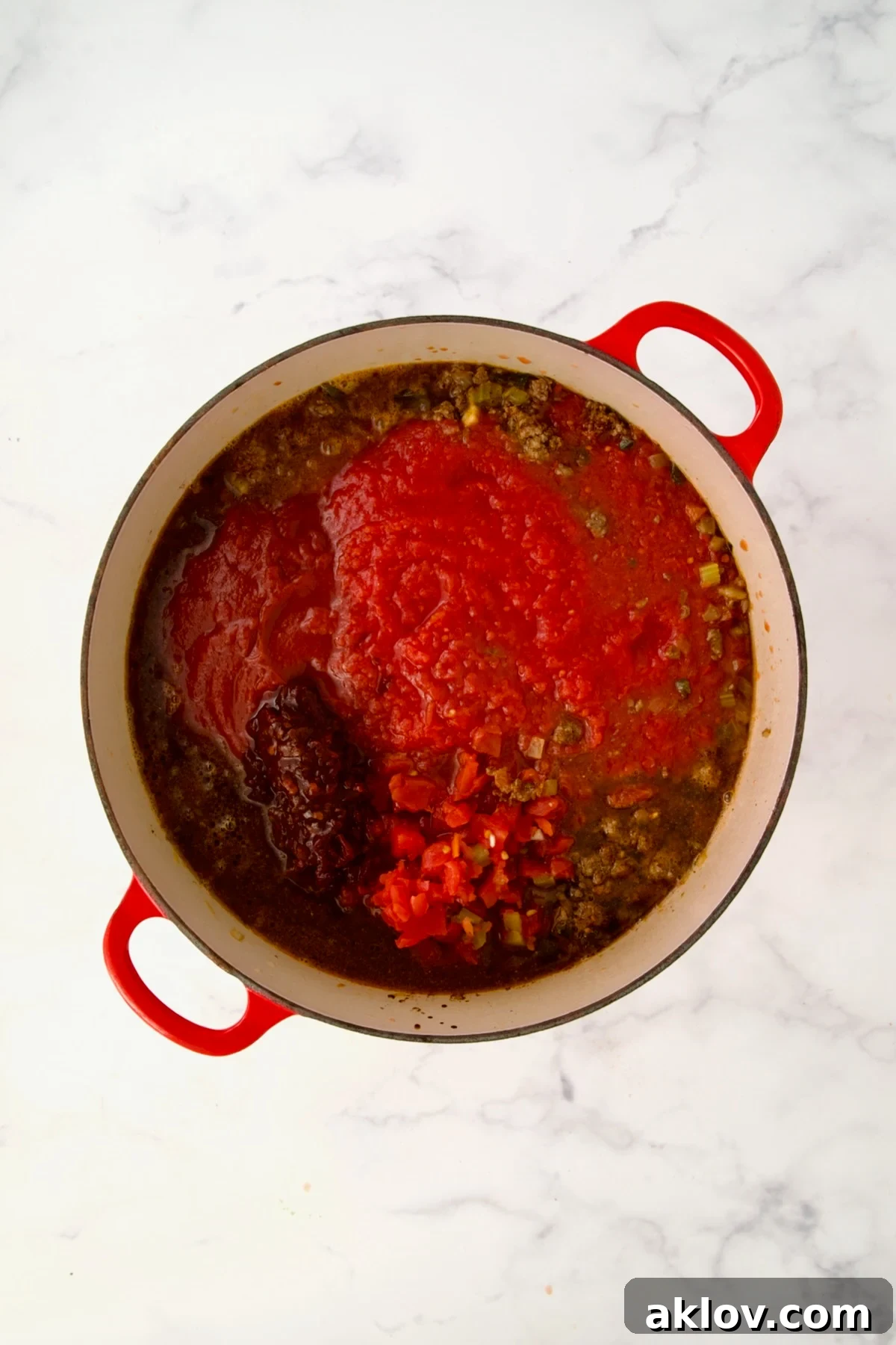Tomatoes, chipotles, broth and water added to meat and vegetables in red Dutch oven.